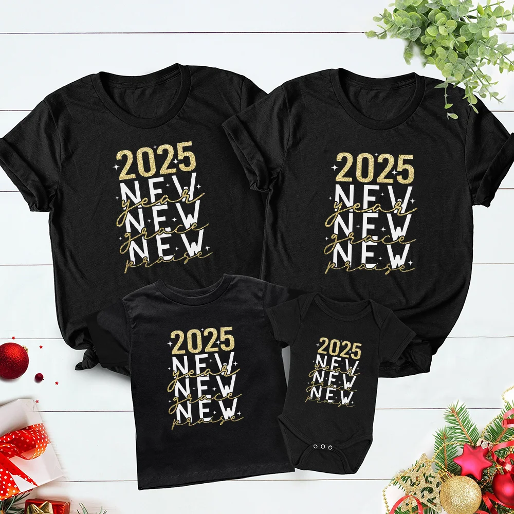 2025 New Year Family Matching Outfits Dad Mom Kids Shirt Baby Jumpsuit New Year's Eve Home Party Family Matching Shirts Clothes