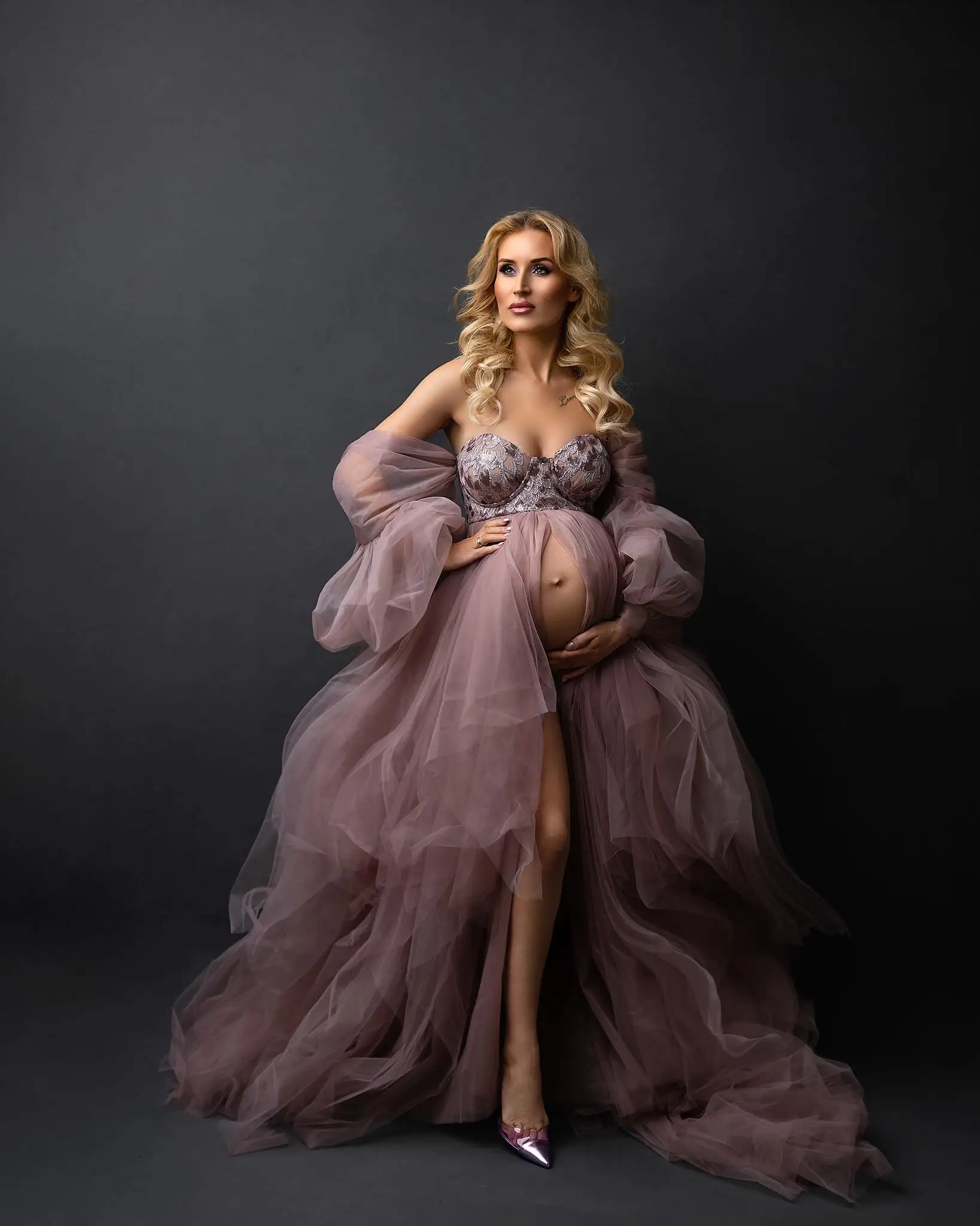 18235#Photo Shoot Dusty Pink Tulle Sequin Maternity Dress with Long Train Puff Sleeves Plus Size Open Front Baby Shower Gown