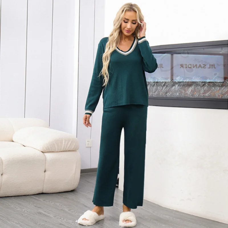 

2025Hot-selling New European and American Style Women's Two-piece Pullover Sweater SetVCollared Top Wide-Leg Pants Casual Outfit