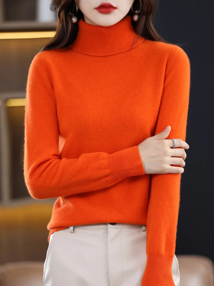 100% Merino Wool Sweater Autumn Winter Women's Turtleneck Pullovers Long Sleeves Cashmere Knitted Jumper Female Wool Clothing
