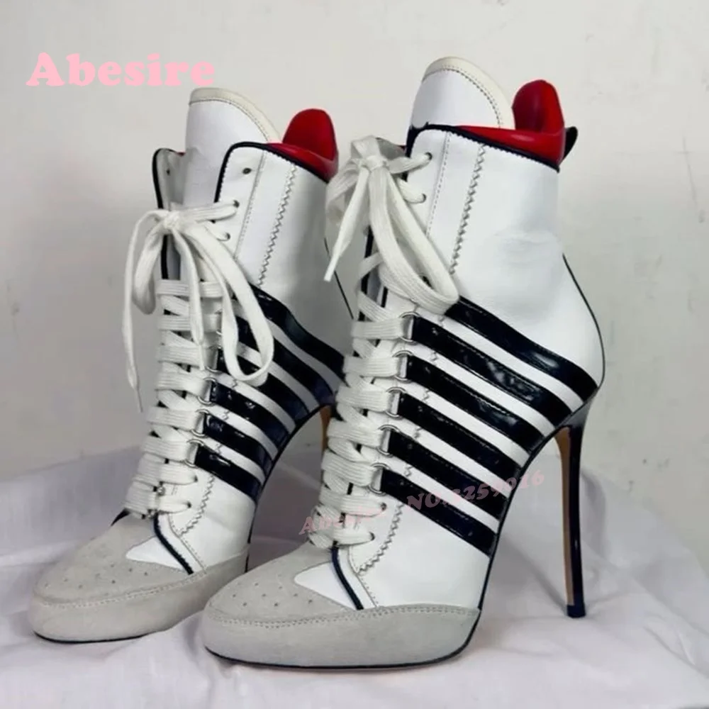 

White Black Patchwork Ankle Boots Round Toe Stiletto Heels Lace-Up Women's Short Booties Splicing Runway Shoes Leather Luxury