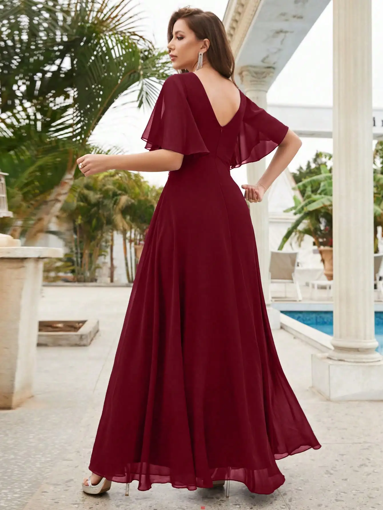 Unithorse Elegant Contrast Sequin Butterfly Sleeve Chiffon Bridesmaid Dress