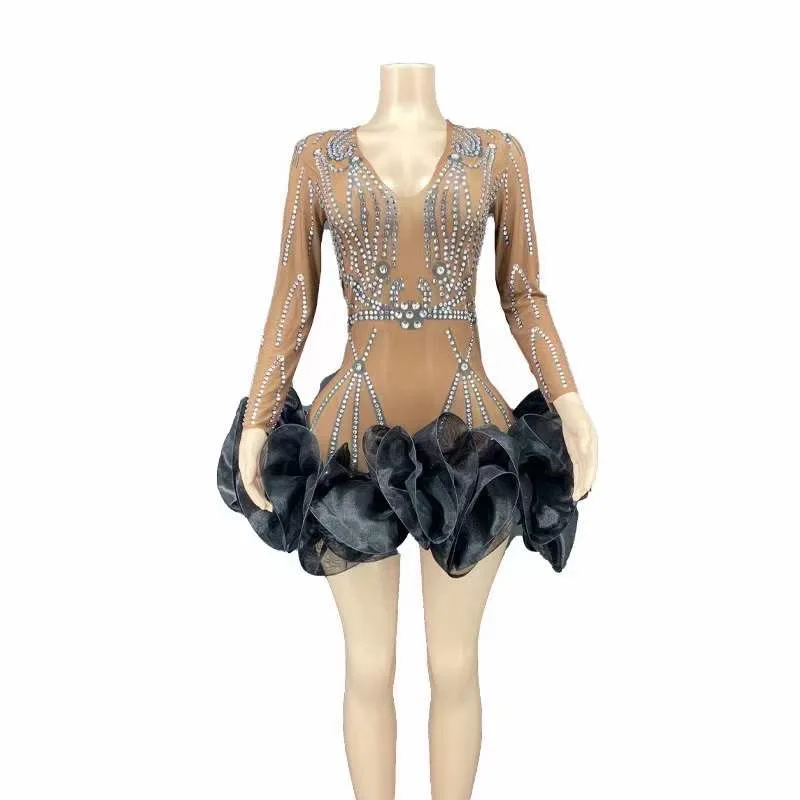 Costume de chanteur de scène en gaze marron, manches longues, strass brillants, plis noirs, vêtements de danse pour bal de Jazz Latin