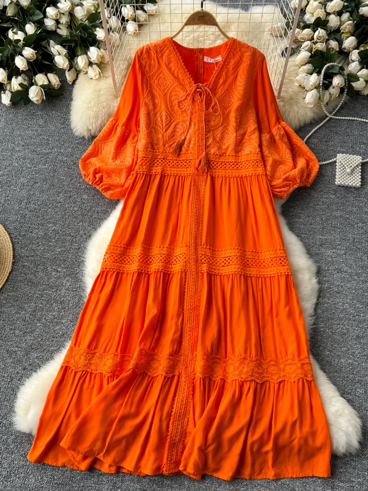 

Sweet Retro V-Ne Lace Panel Lantern Sve Midi Dr Women Loose Slimming A-Line Holiday Dr Korean Sle High Waist Lon...