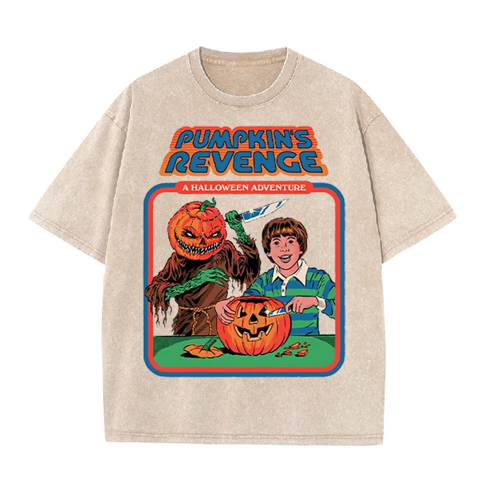 2026 Vintage Washed Beige Pumpkin's Revenge Halloween Retro Comic Graphic T Shirt Horror Cartoon Oversized Casual Short Sleeve T
