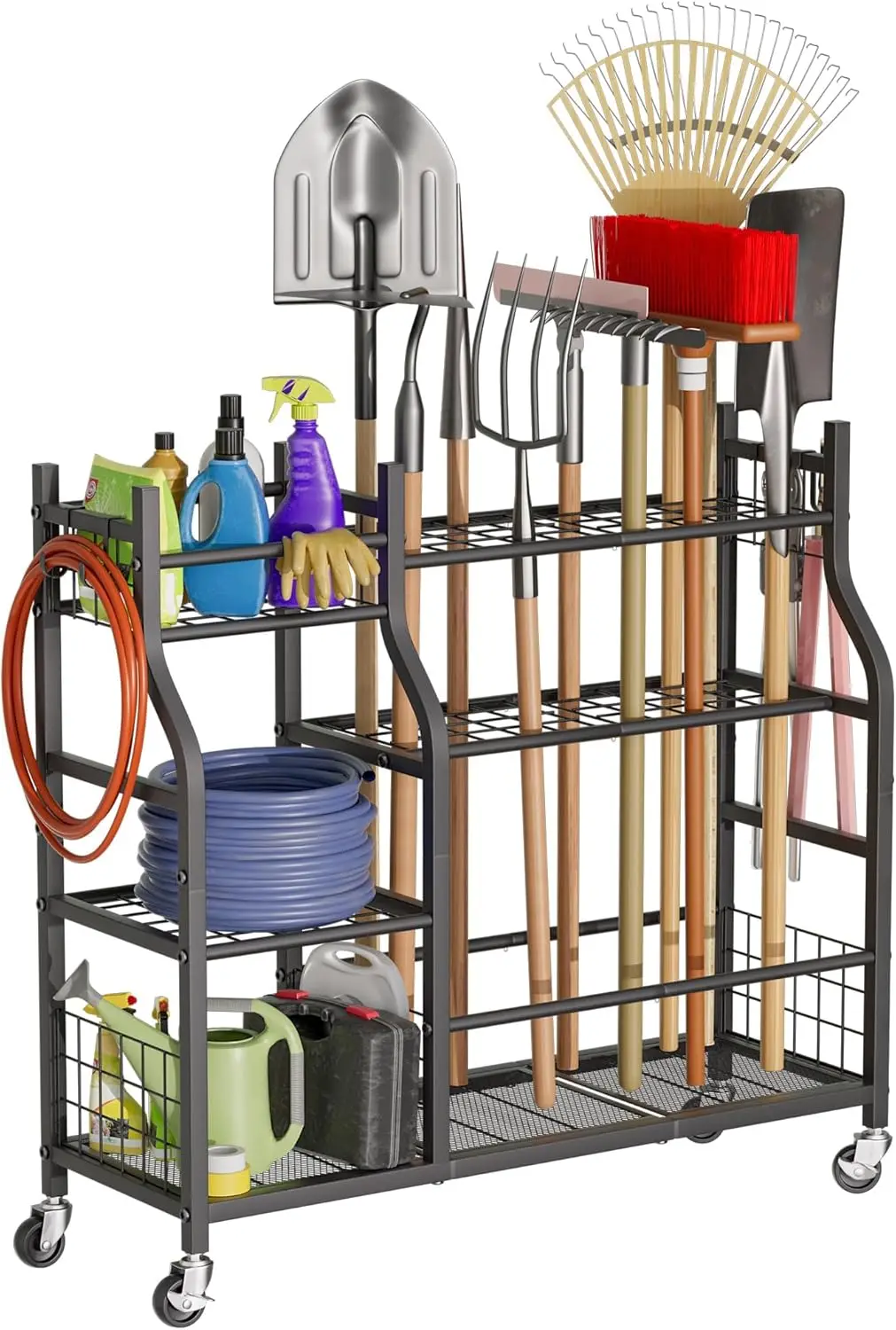 

Органайзер для садовых инструментов на колесах, вместительное хранилище, многоуровневая конструкция для грабель, лопат, метел