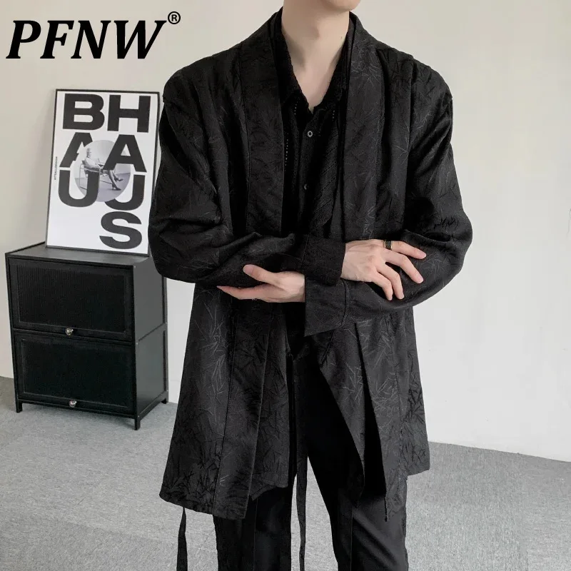 PFNW Chinese Style Ribbon Bamboo Jacquard Layered Long Sleeve Cardigan Shirt Large Size Men's Thick Black Tops 2025 New 12C1222