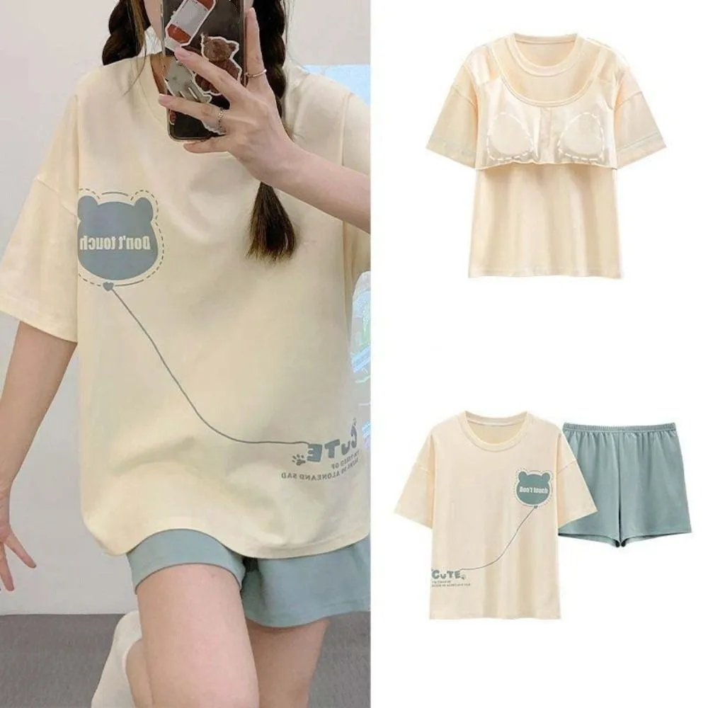 

Cute Flower Cotton Shorts Pajamas Set Bear Rabbit Thin Cartoon Cotton Pajamas Short Sleeve Summer Women Nightwear Suit Girls
