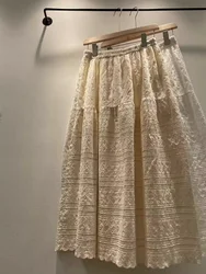 Mori Kei Lace Long Skirt Women Vintage Cute High Waist Loose Fairycore Lace Hollow Out A-Line Midi Skirt Mori Girl Clothing