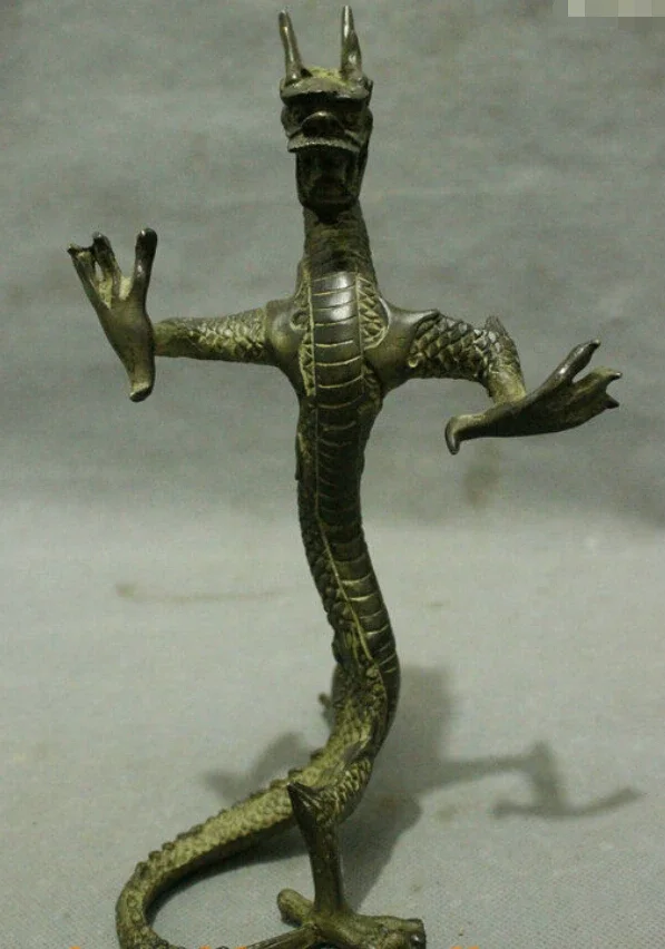 

9" FengShui Chinese Folk Bronze Copper Stand Year Zodiac Dragon Statue Sculpture