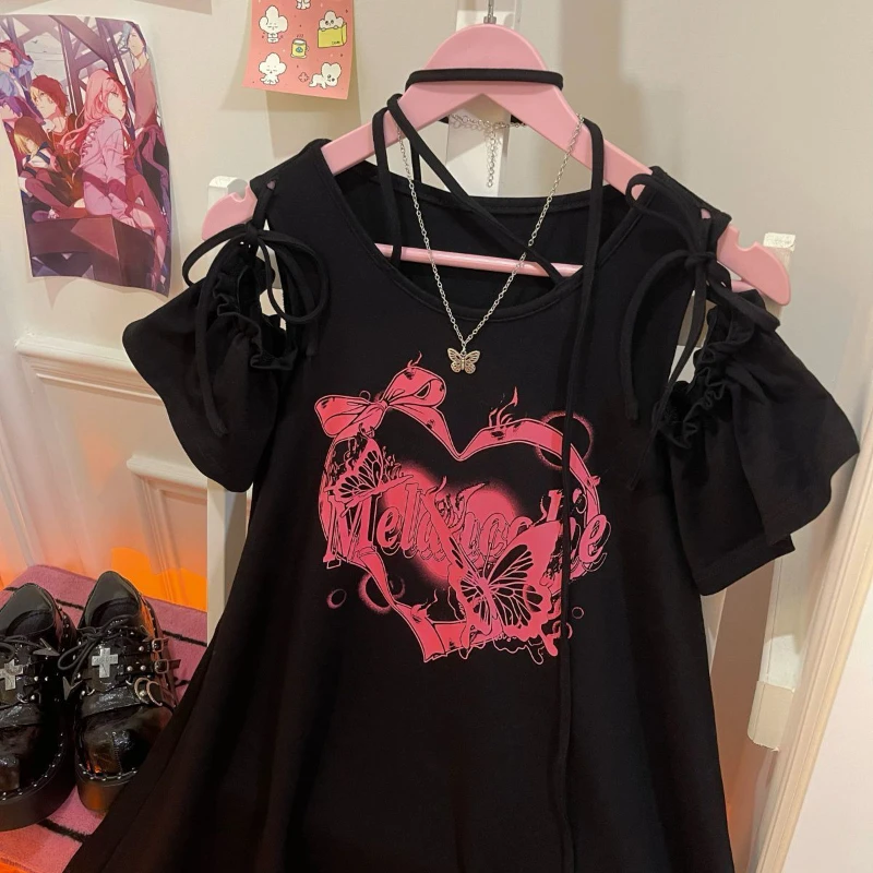 T-shirt legata con spalle scoperte con stampa a cuore Abito da donna Y2k Estetico allentato A-line Mini abiti Harajuku giapponesi