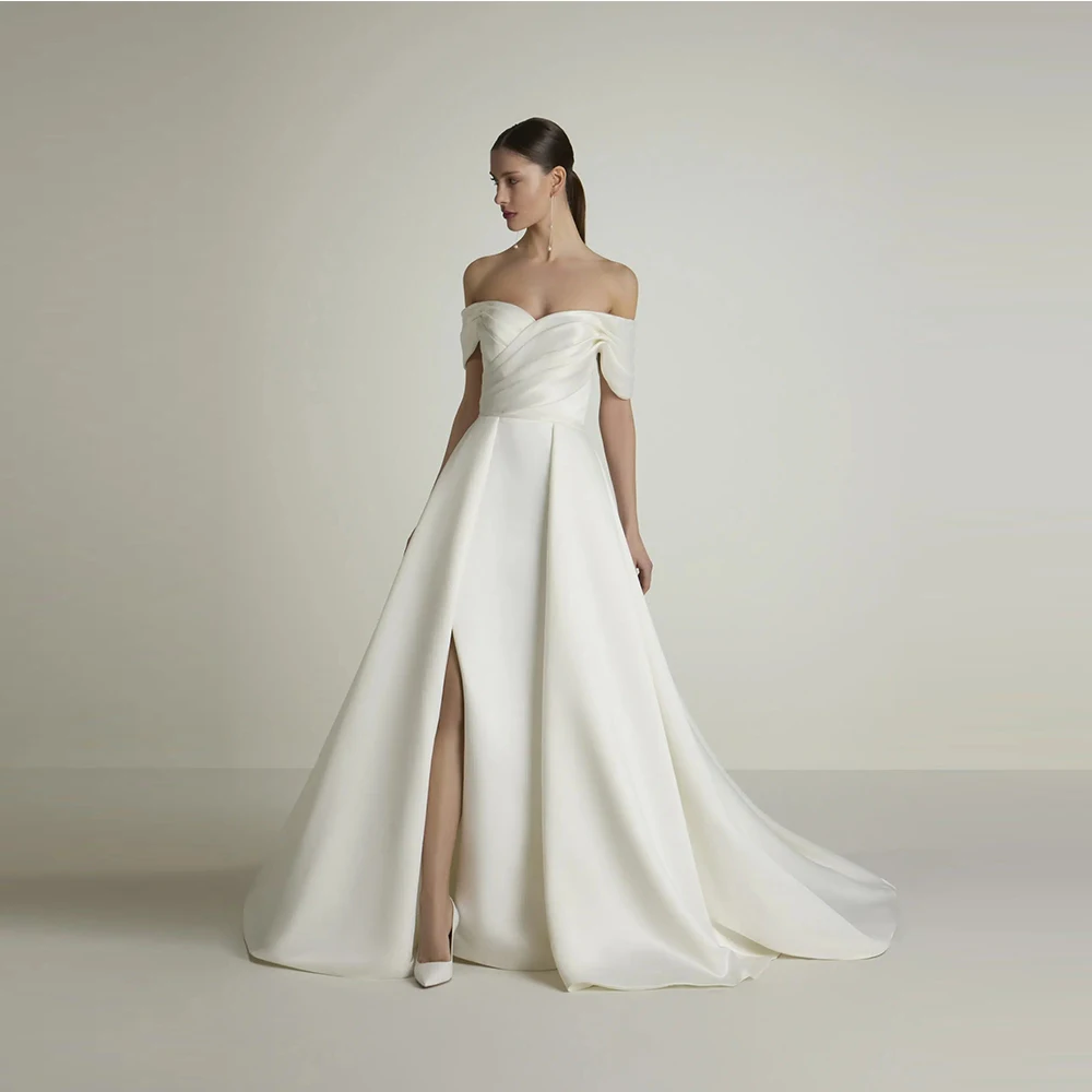 Customized Long Satin Off Shoulder Wedding Dresses Attractiv A-Line Ivory Pleat Sweep Train Zipper Back Brides Dress for Women
