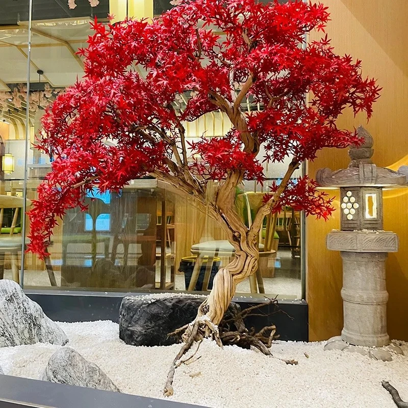 Simulated red maple wishing tree bonsai large-scale landscaping floor-to-ceiling indoor window simulated green plants