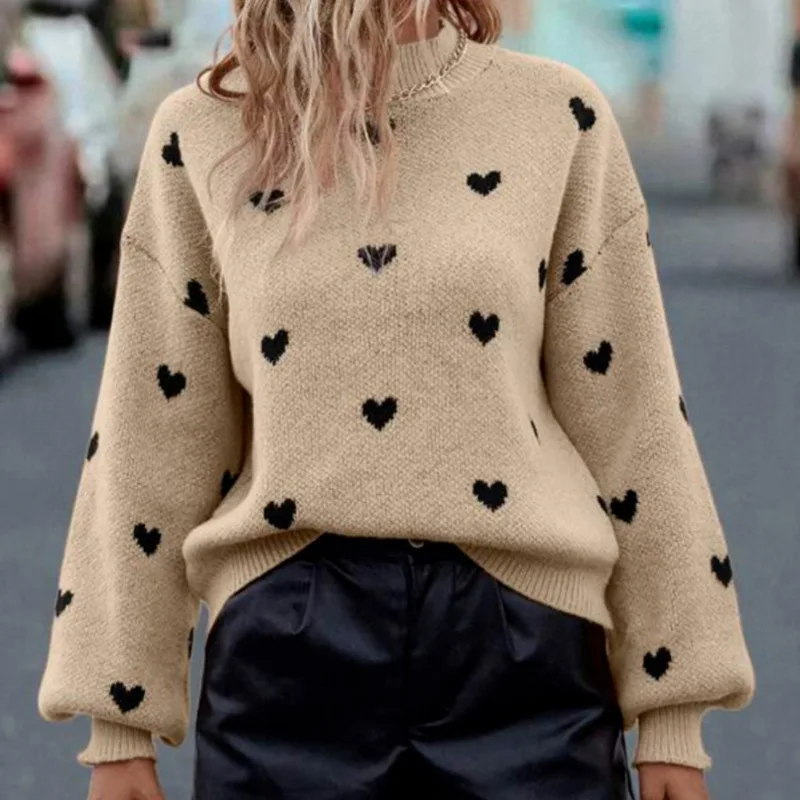 

Spring and Autumn Pullover Sweater 2023 New Loose Heart Jacquard Knitwear for Women