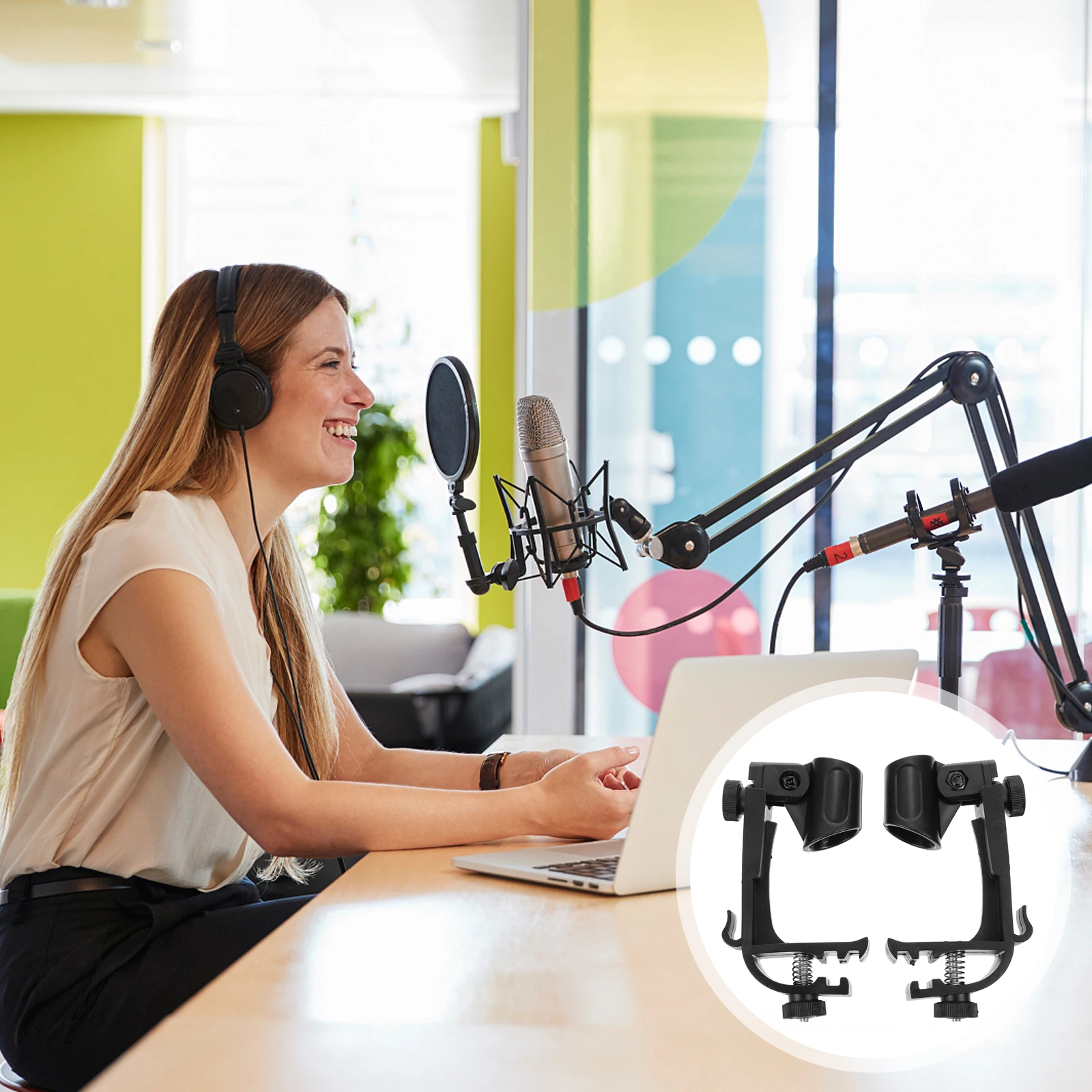 

2 Pcs Clip Black Holder Adjustable Clamp for Drum Set Fits Most Handheld Anti-Shock Microphone Clip Mic Premium Material