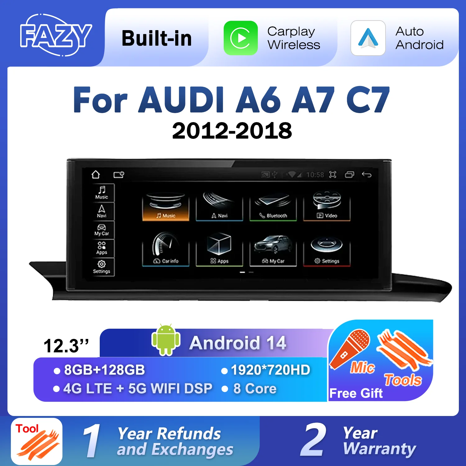 Radio samochodowe z Androidem 14, ekran dotykowy IPS, do Audi A6 A7 C7 2012-2018, odtwarzacz multimedialny, Carplay, stereo, GPS Navi, 4G WIFI, jednostka główna