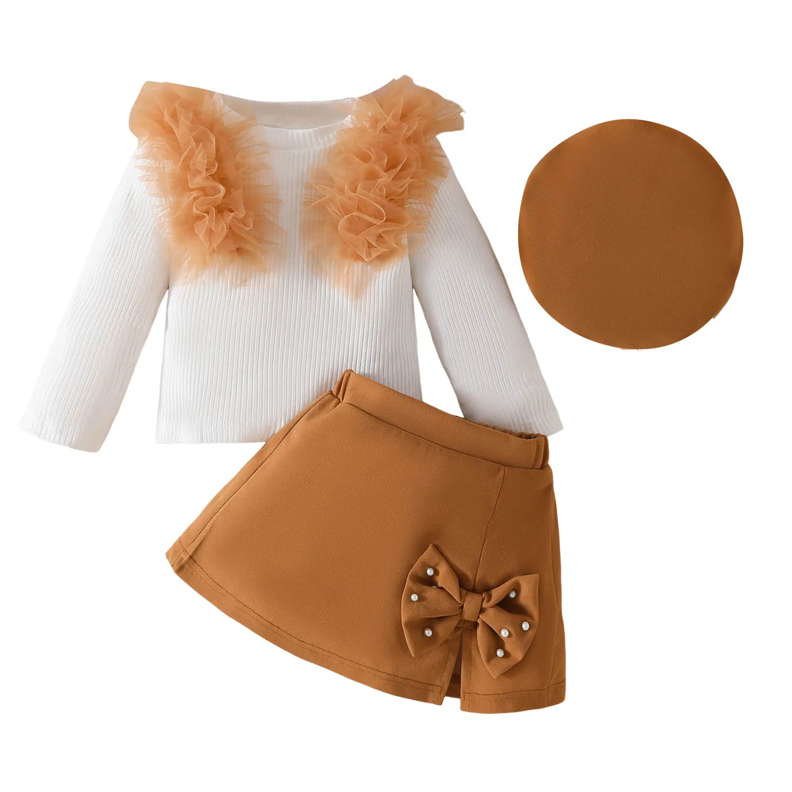 

Little Girl Fashion Outfits Baby Girls Mesh Long Sleeve T Shirt Bow Skirt Beret Three Piece Skirt Set Baby 1st Blanket