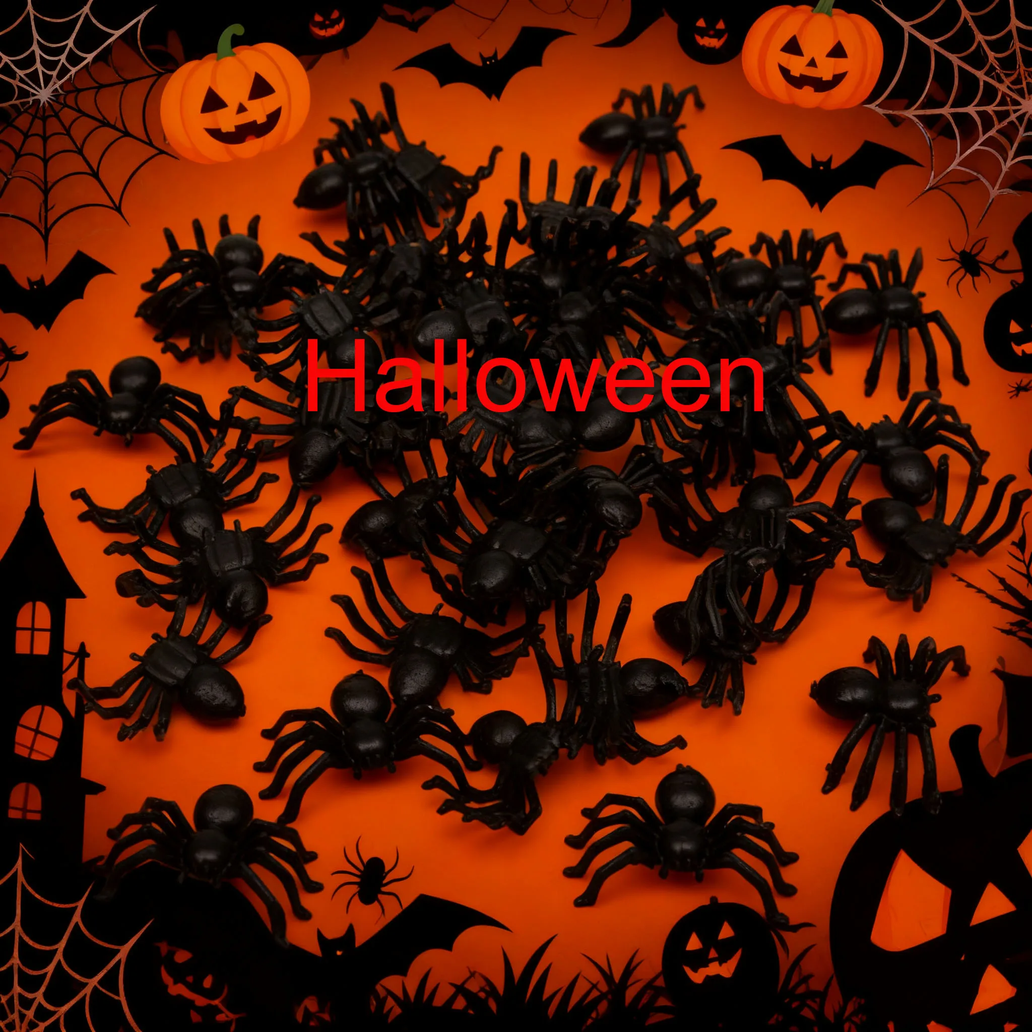 50 Uds. De juguetes de plástico negro para trucos de araña, accesorios para casa embrujada de Halloween, decoraciones, regalo de Navidad para el Día de los niños 2025