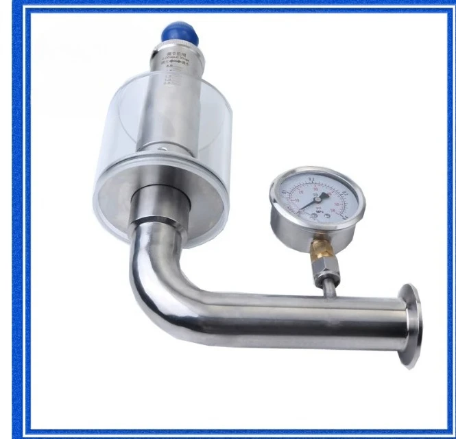 Sanitary Stainless Steel Adjustable Pressure Relief Safety Valve with Gauge 0.2-2.2bar Tri Clamp 25mm 38mm for Fermentation Tank