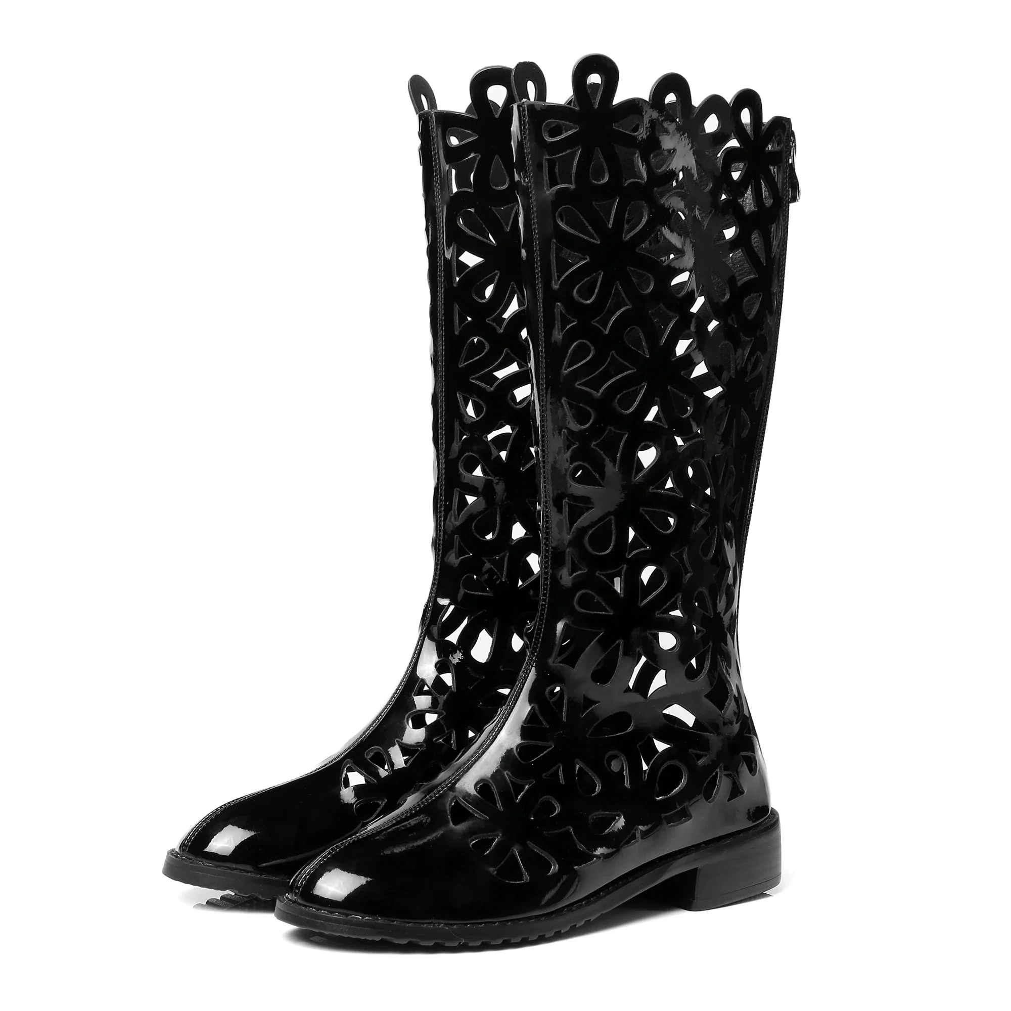 

New Summer Fashion Hollow Pattern High Barrel Flat Bottom Cool Boots Lacquer Leather Women's Sandals Sexy Spicy Girl Boots