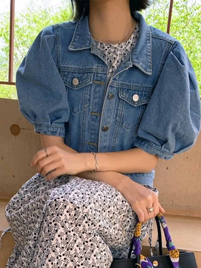 

Loose Fit Bubble Sve Denim Jaet Women's Collar ort Cardigan Sle Faionable Casual Cotton Outerwear Top