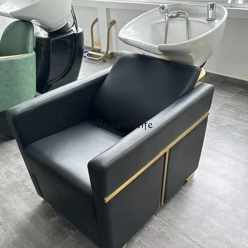 yj32 Lettino per shampoo in acciaio inossidabile per parrucchiere speciale con lavabo in ceramica semi-risclinante