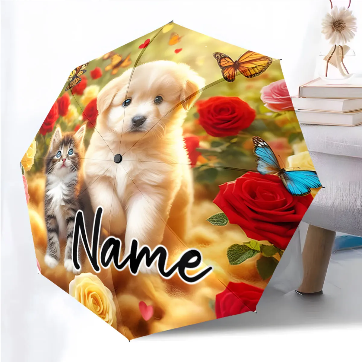 Custom Name Umbrella Adorable Animal Design on the Umbrella Print 8 Iron Ribs Folding Umbrella Auto-Open Fashion Sunshade