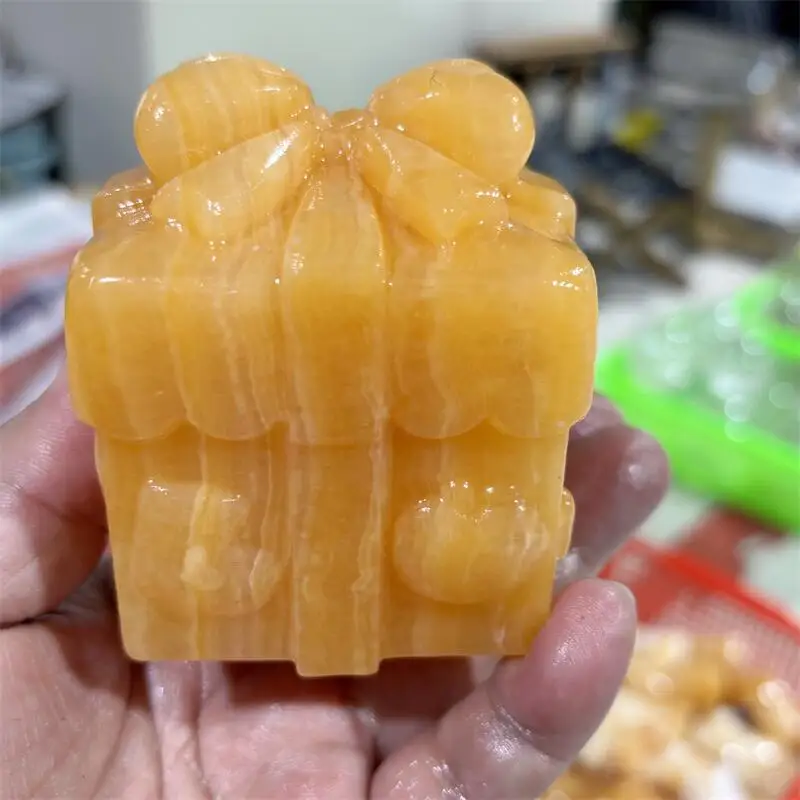 

Natural Orange Calcite Gift Box Carving Healing Stone Energy Gemstone Cute Home Office Decoration Holiday Gift 1PCS