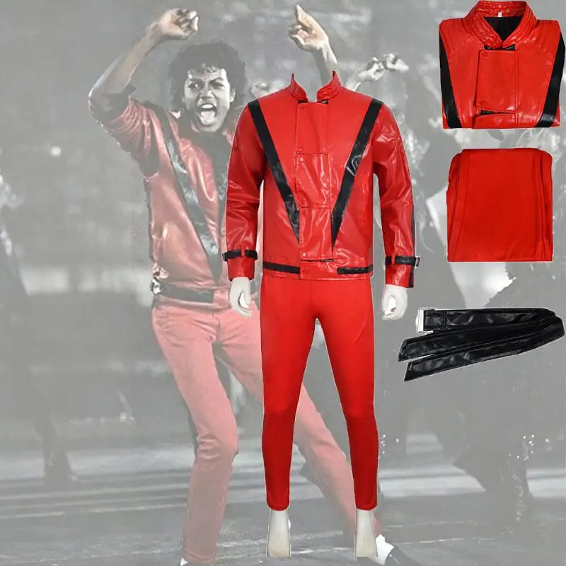 Michael Jackson Cosplay rote Lederjacke Cosplay-Kostüm Halloween Bühnenauftritts-Outfit Herren-Oberteil Hosen hinzufügen