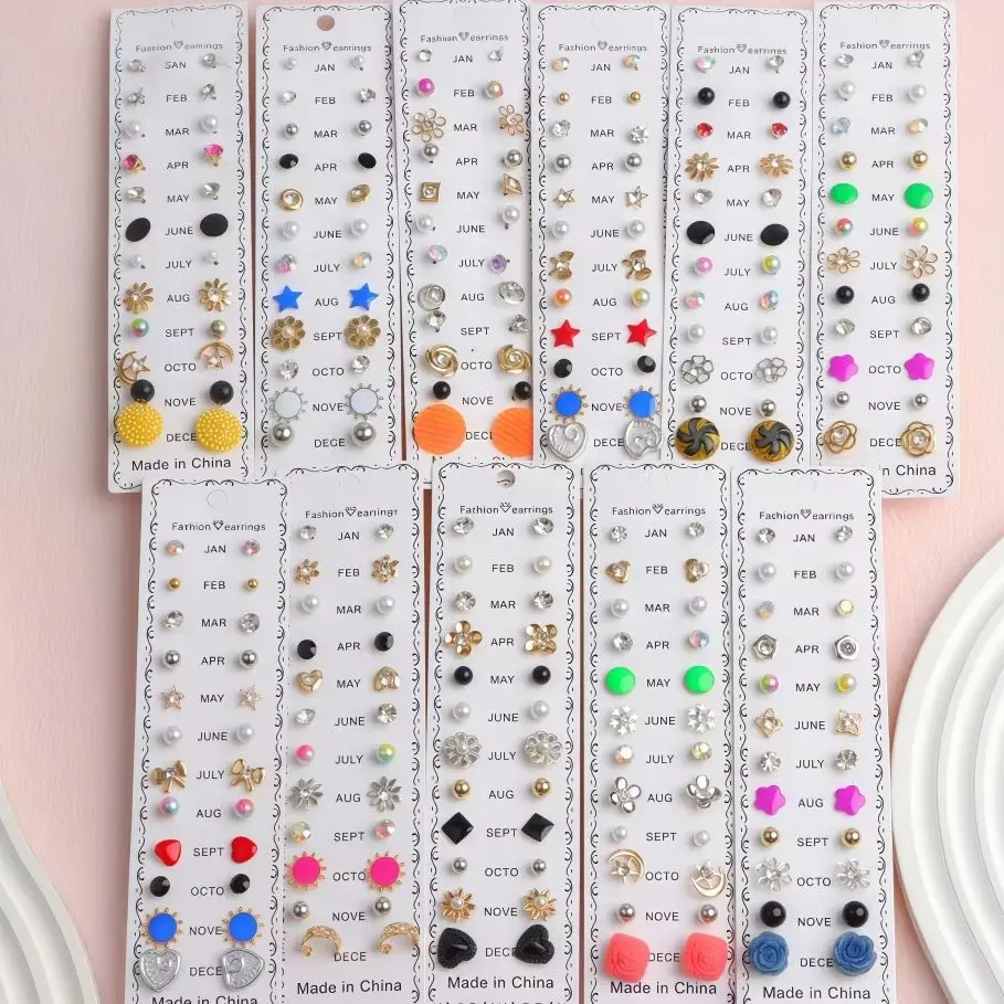5/10Sets Fashion Month Rhinestone Stud Earrings Sets For Women Geometric Flower Card Pack Mix Jewelry Daily Vacation Gifts