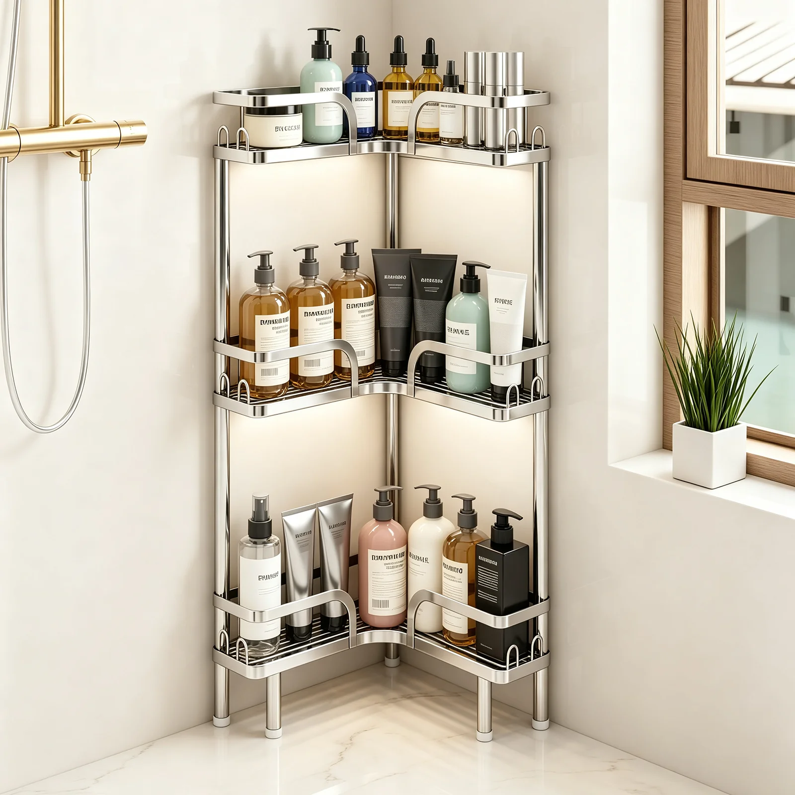 1Pc Multifunctional Layered Stainless Steel Bathroom Corner Shelf with Hooks, Freestanding Shower Storage Rack, Can Hang Bath Balls and Towels, Holds Multiple Large Bottles of Toiletries, Vertical Storage Rack That Makes Use of Corner Space