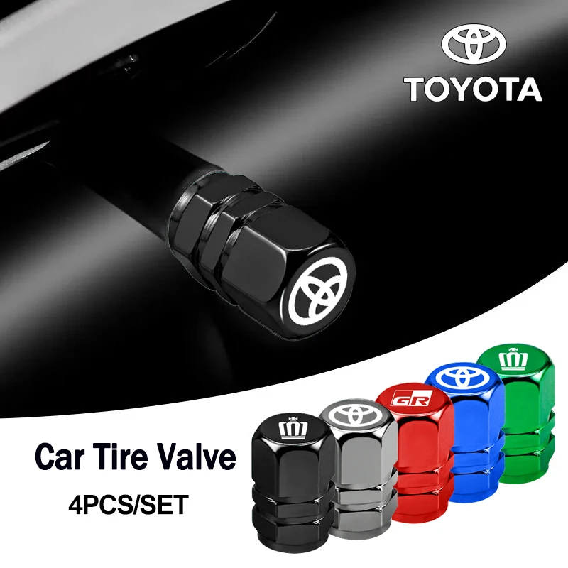 4 قطعة قبعات صمام إطارات السيارة شعار غطاء معدني مقاوم للغبار لتويوتا كراون GR سبورت هايلاندر كامري برادو كورولا يارس Aygo CHR Rav4 #1