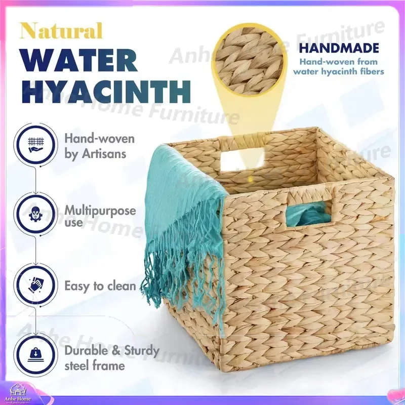 Modern Water Hyacinth Pet Bed Hand Woven Collapsible Rattan Basket with Handle Rectangular Dog Cat House Storage Bin