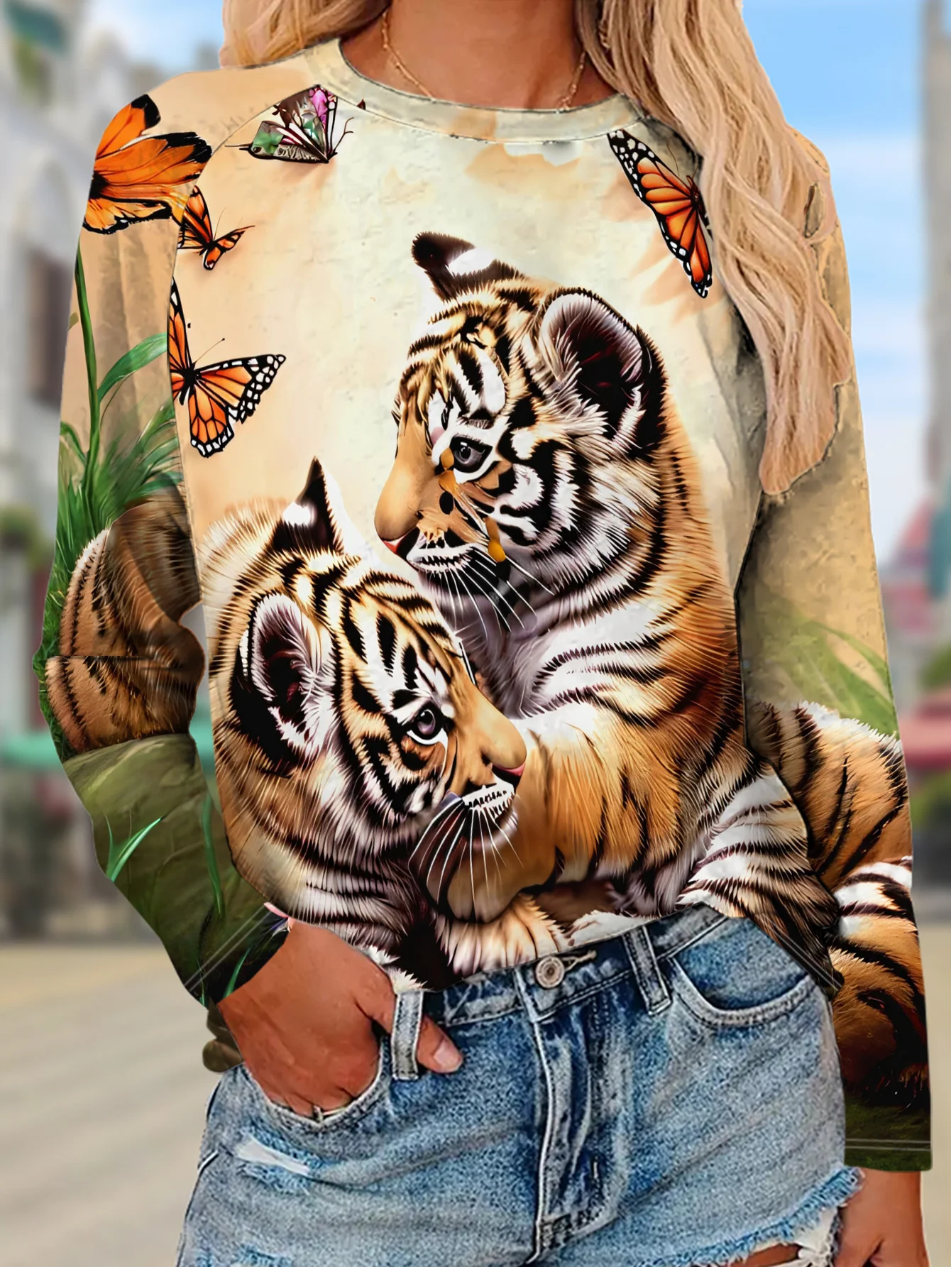 Women Round Neck Long Sleeve T‑shirt Cute Tiger Cub Animal Print Holiday Tee Top Casual Daily Autumn Wear Women's Clothes
