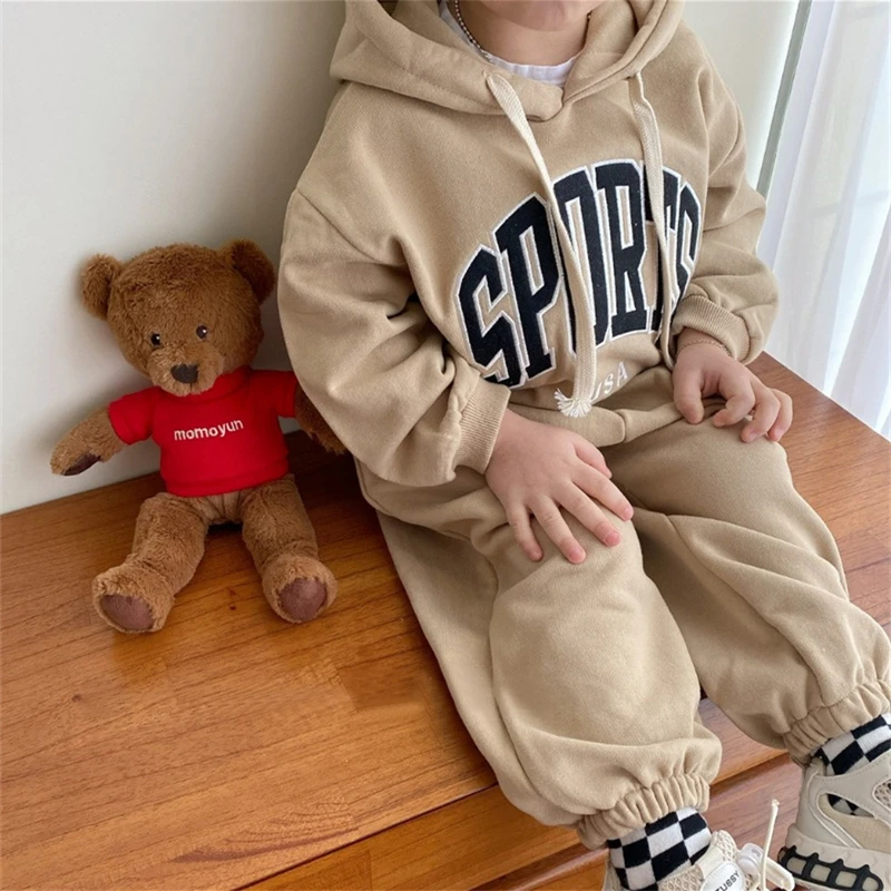 Children Autumn Outfit New Suit Boys and Girls Simple Korean Western Style Letters Hooded Sweater Leisure Sets Spring Autumn