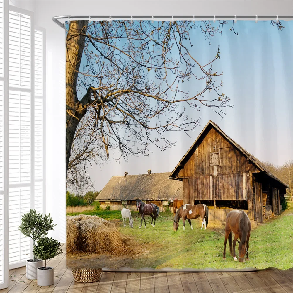 Western Horse Shower Curtains Running Horses Farm Animal Country Unique Oil Painting Abstract Art Fabric Bathroom Deco Set Hooks