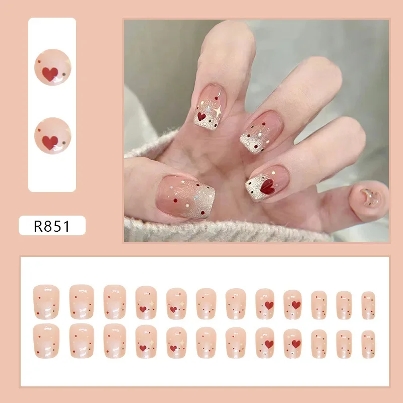 Unhas falsas francesas com design de brilho, remendo 3d, manicure reutilizável, capa completa, estilo lindo, pressione, amor, estrela, 24pcs