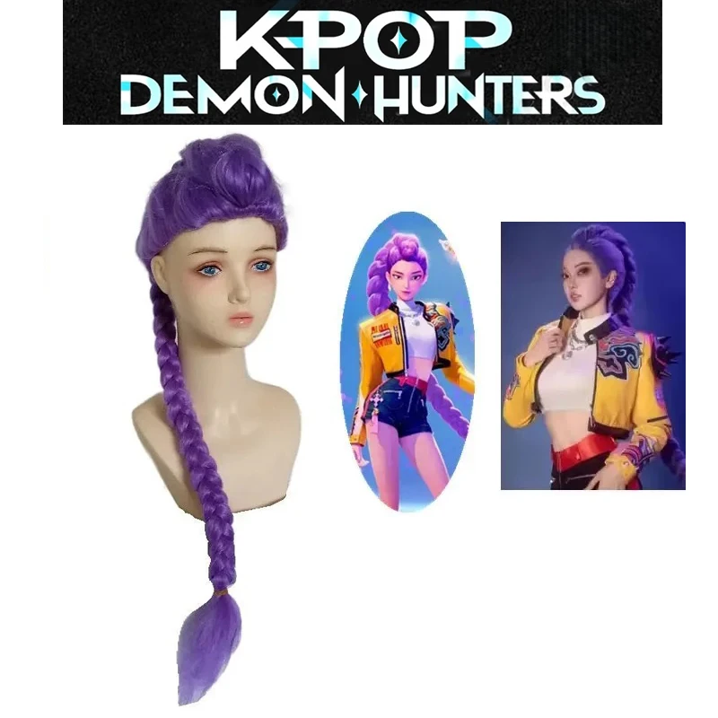 2025 Movie Kpop Kids Girls Cosplay Wig Mira Rumi Zoey Demon Hunters Purple Long Hair Halloween Cosplay Props In Stock )(&*(^&&$%