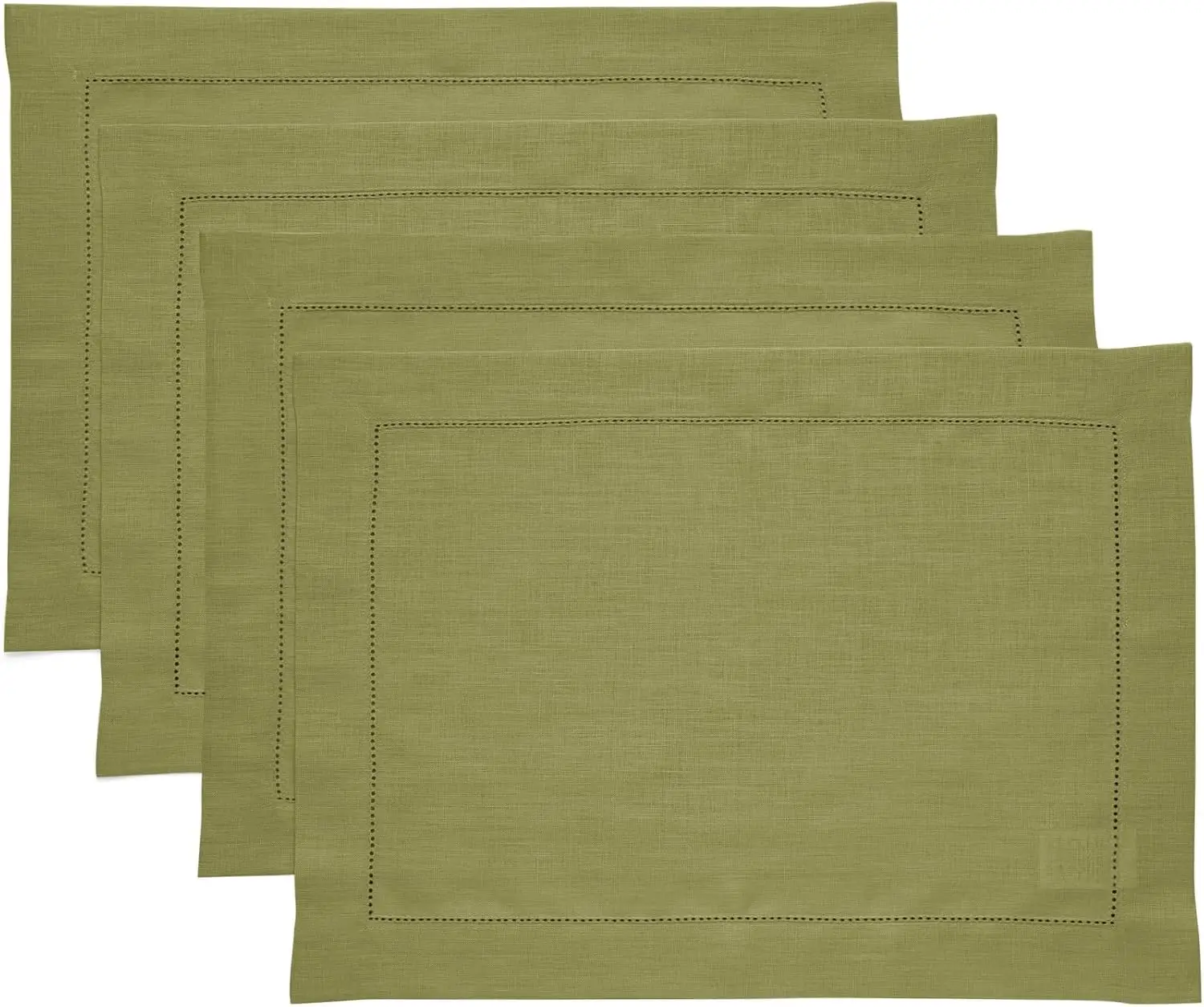 

100% Pure Linen Placemats Set of 4 - 14x19 Inch Avocado Green Hemstitch Table Mats for Spring Summer
