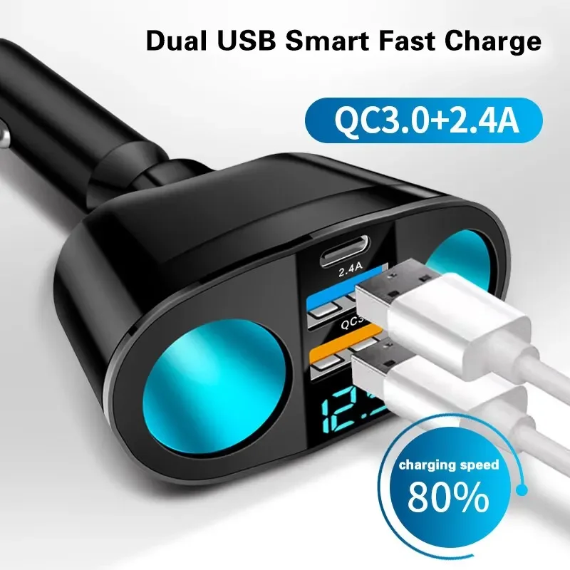 USB Car Charger Adapter Type C Multiple Devices Charged at the Same Time with Digital Display Dual-port USB Car Charger Adapter