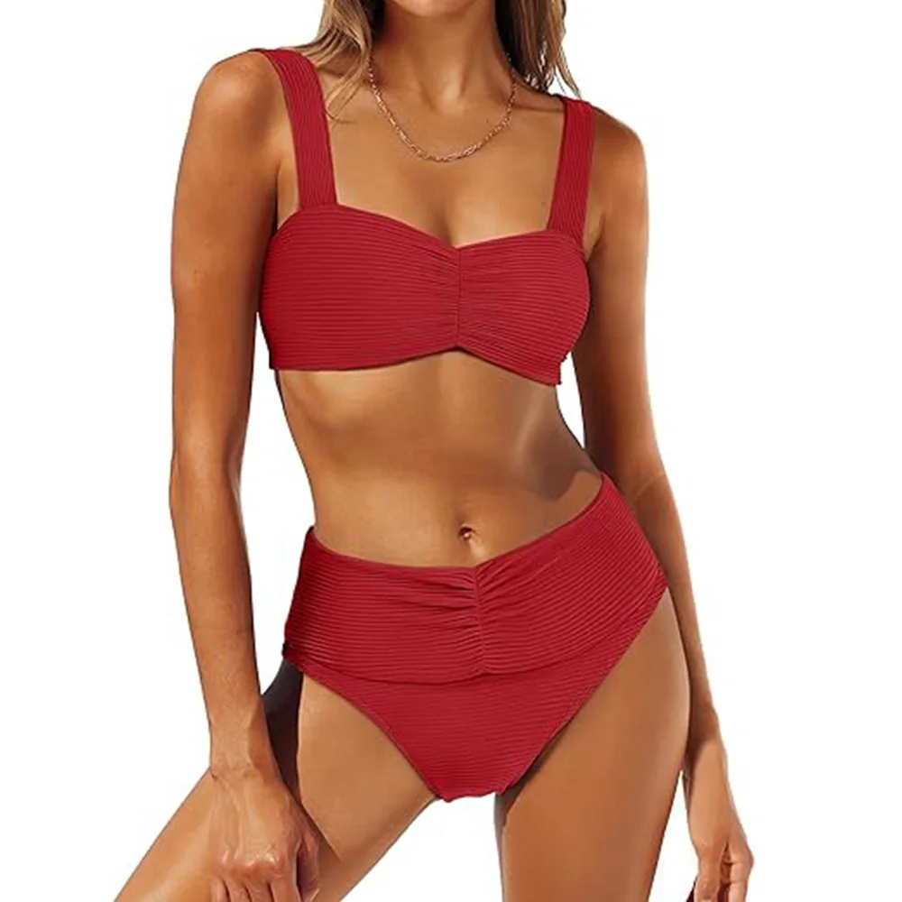 Wisuwore Trendy Women's High-Waisted Bikini Sets Adjustable Solid Color Summer  Swimsuit  Removable Pads Quick-Dry Beachwear