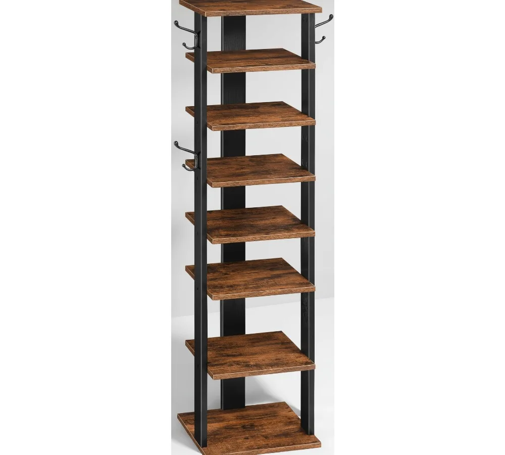 

8-уровневая вертикальная полка для обуви с крючками, деревянный органайзер для хранения на 8 пар, компактная башня для прихожей, гостиной, спальни