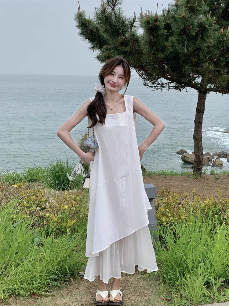 

Летнее модное платье-жилет для женщин, свободное, повседневное, с завышенной талией, из мягкой ткани средней плотности, другие материалы.