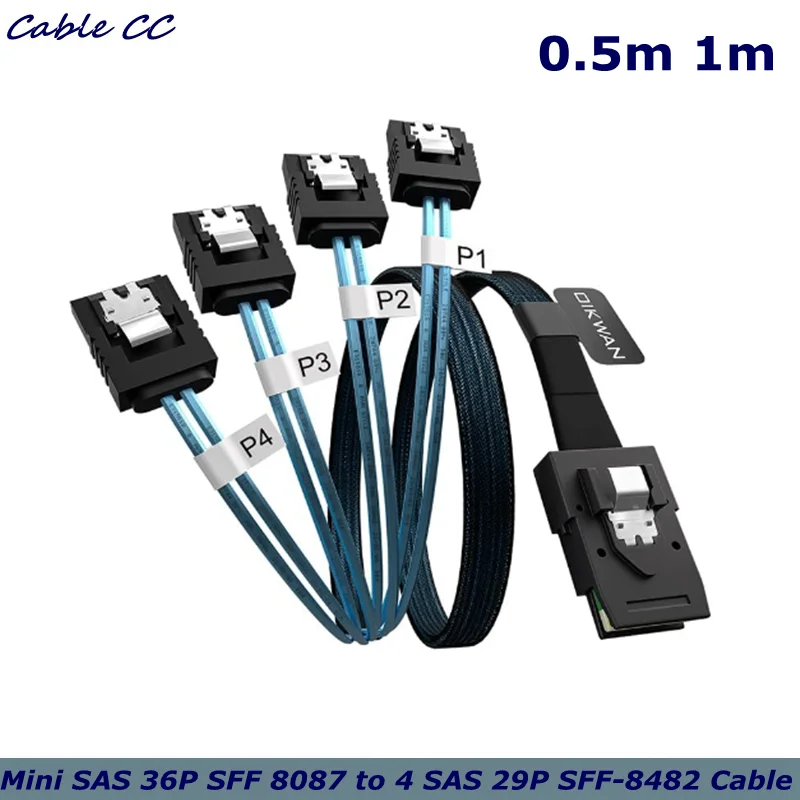 Mini SAS to 4 SATA Cable, 36 Pin SFF 8087 Host/Controller to 7 Pin SATA Target/Backplane, Compatible with PERC H310
