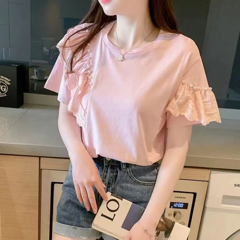 Korean Fashion Summer New Women\'s Solid Color O-Neck Lace Embroidered Flares Ruffles Elegant Loose Short Sleeve T-Shirts Tops