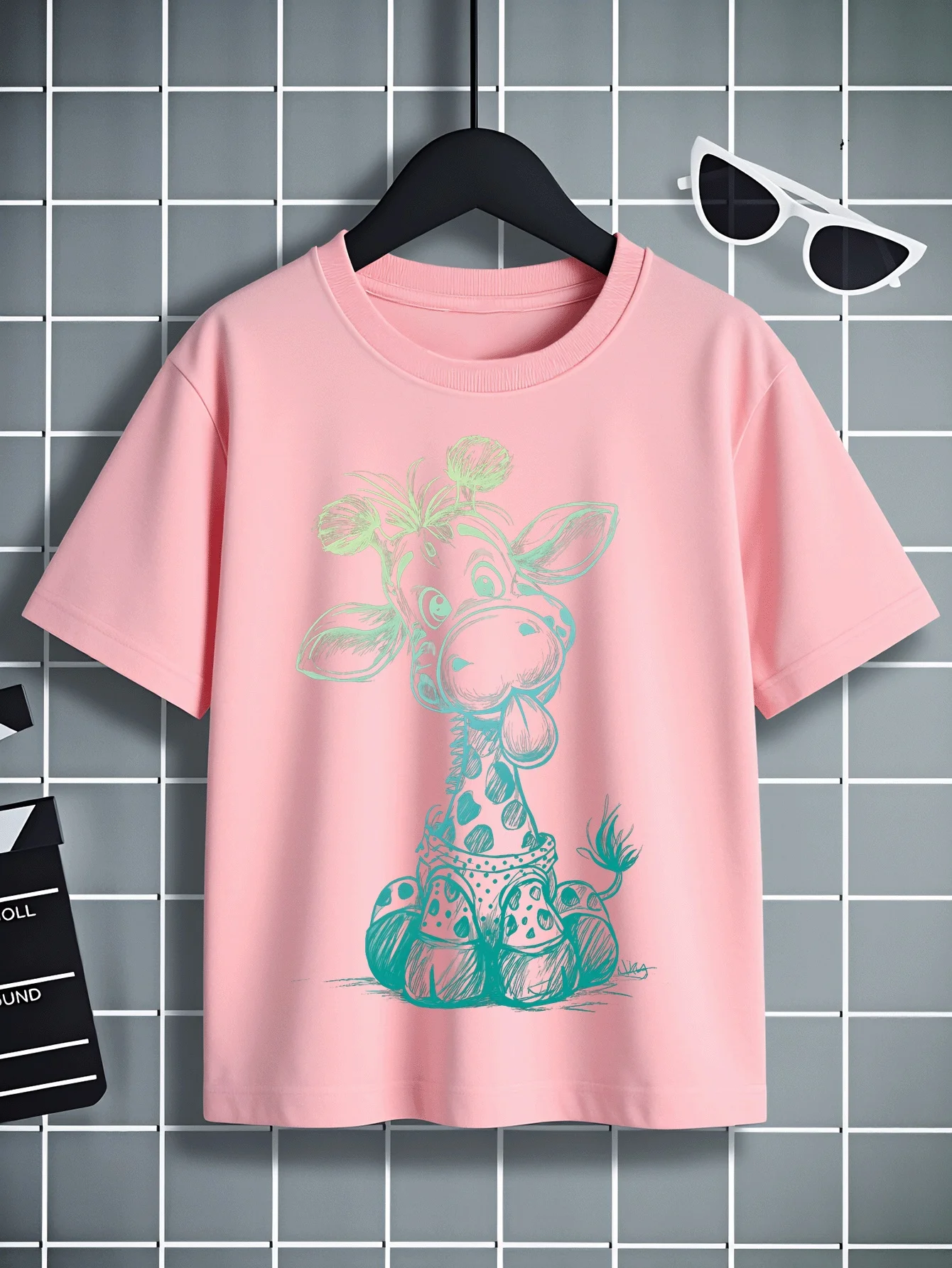 Giraffe Spotted Cartoon Style Printed Children's T-shirt Soft Round Neck Summer Top Casual Theme Parent Child Clothing