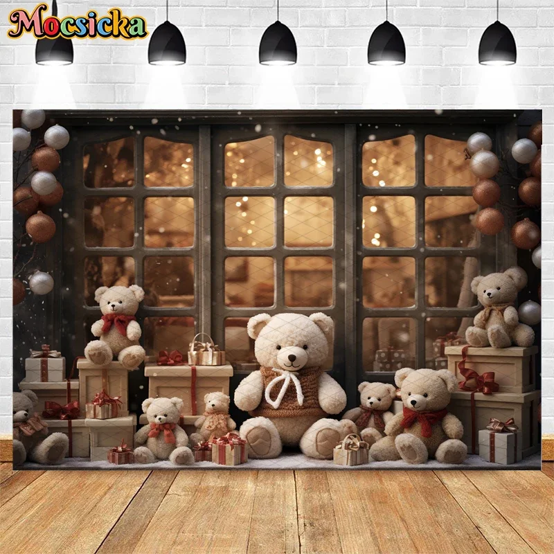 Mocsicka ฉากหลังสำหรับถ่ายภาพในฤดูหนาว, หน้าต่างคริสต์มาสร้านซานต้ารูปหมีสำหรับเด็กครอบครัวปาร์ตี้ฉากหลังสตูดิโอถ่ายภาพ