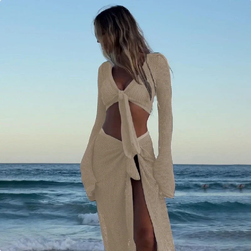 2026 New Women's Fashion Sexy Beach swimsuit cover up Knitted hollow bikini sunscreen Clothing Long Sleeve Top Shirt Skirt Sets