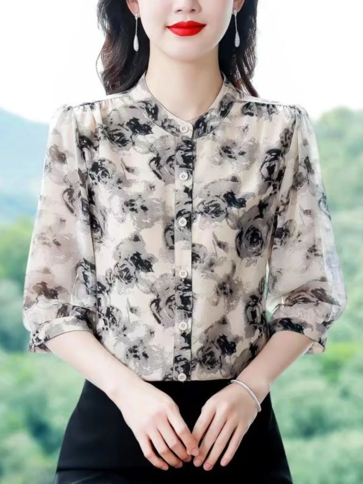 elegant-fashionable-loose-chiffon-women's-summer-new-style-seven-quarter-sleeve-floral-print-anti-aging-pocket-square