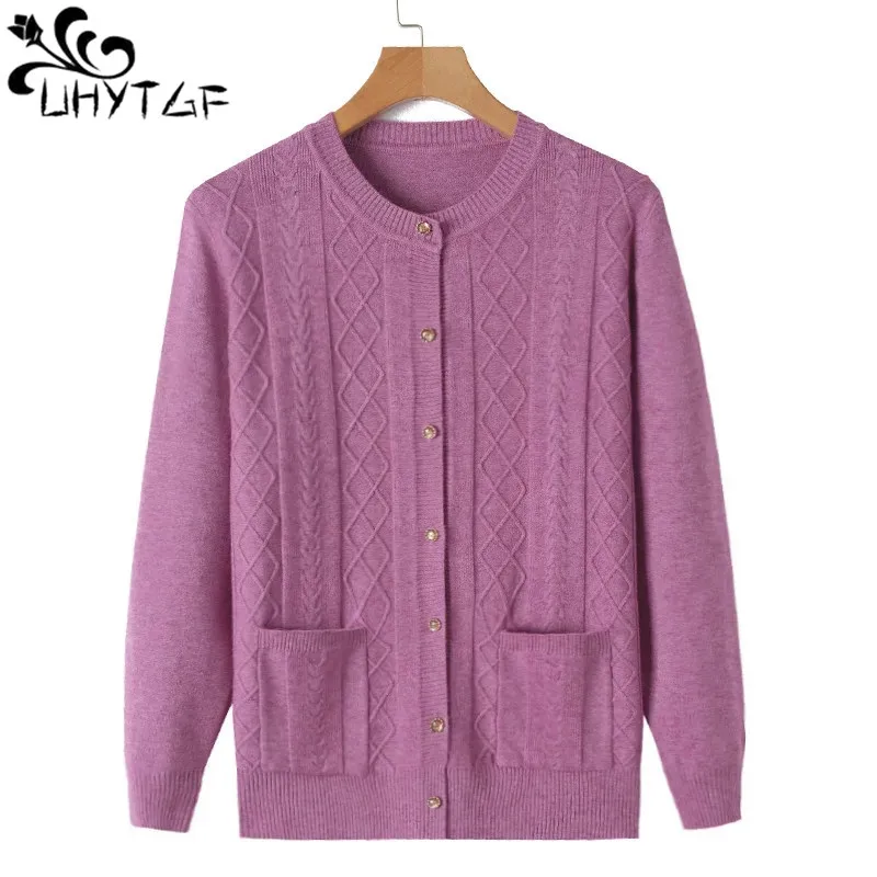 UHYTGF Sweater Women Elegant Mother Knitted Spring Autumn Tops Jacket Long Sleeves Cardigan Female Casual Big Size Clothes 1843